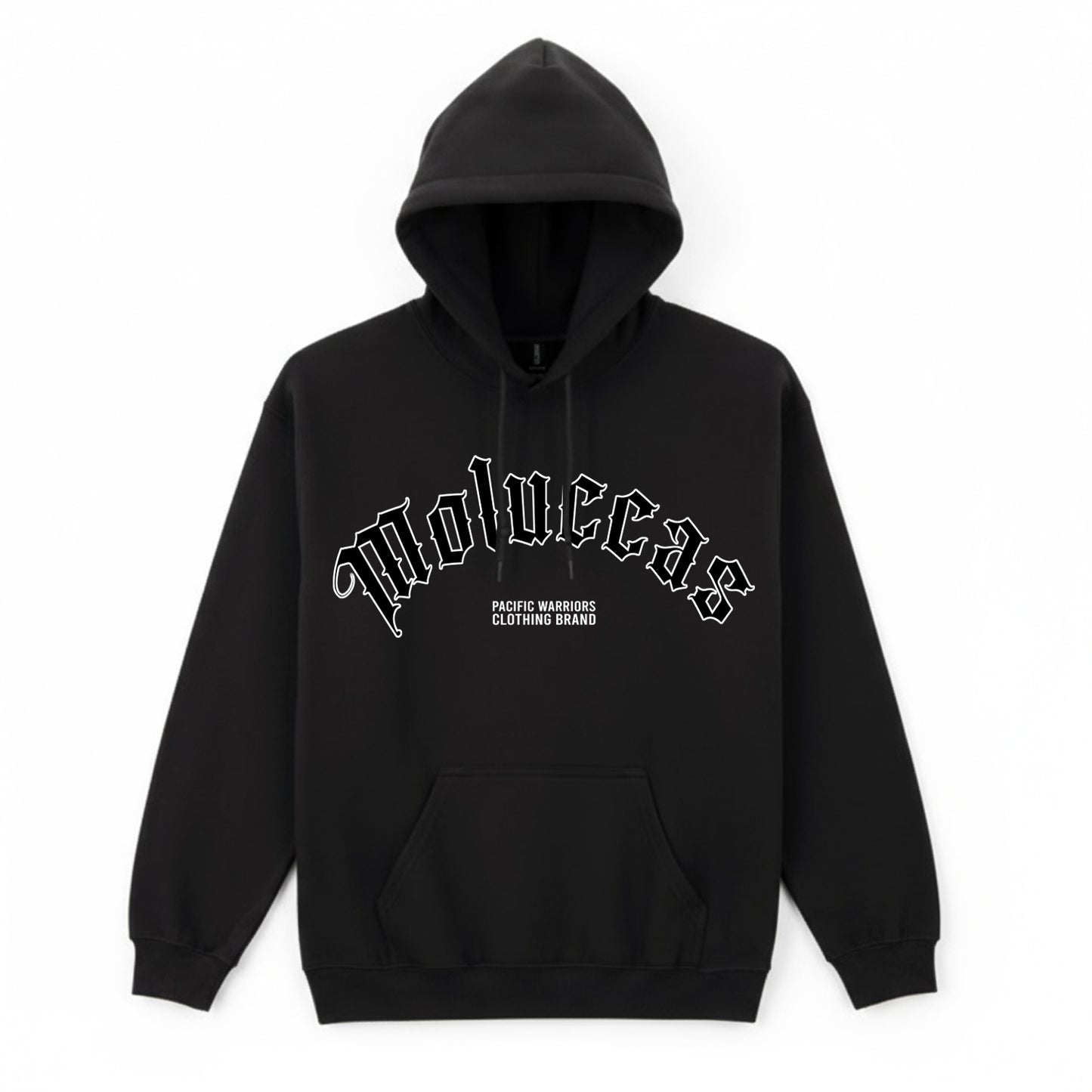 Hoodie Moluccas | Black on Black | Old English Style | Pacific Warriors Clothing Brand