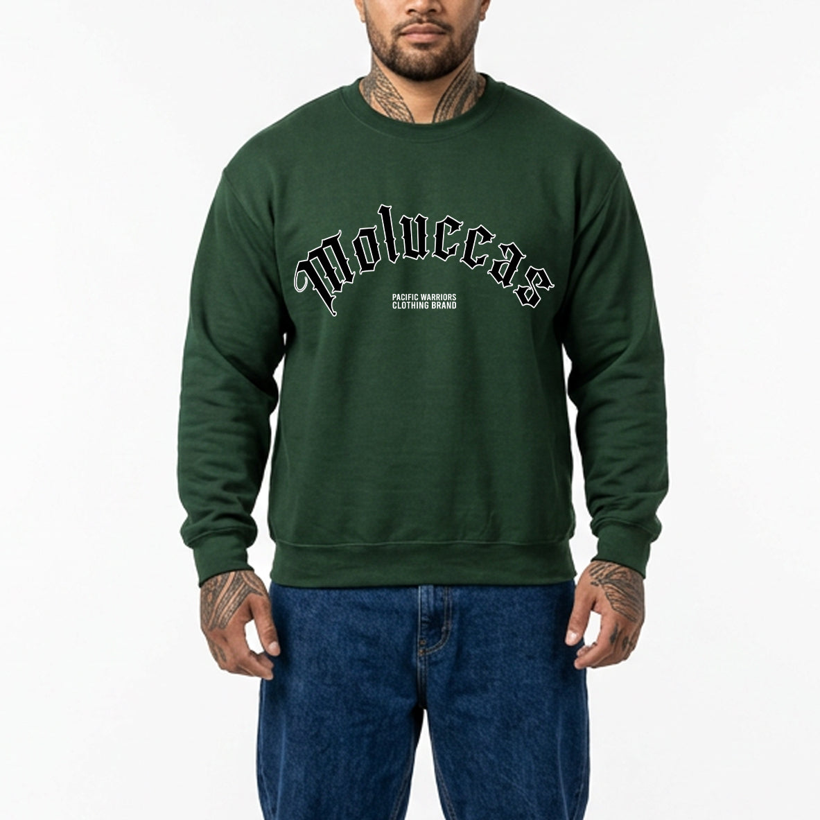 Sweater Moluccas | Dark Green | Black Old English | Pacific Warriors Clothing Brand