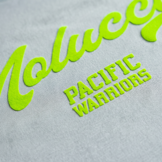 T-Shirt Moluccas Vintage | Special Edition | Neon Green Flock on Light Blue | Pacific Warriors Clothing Brand