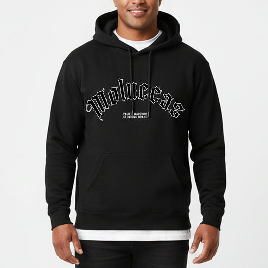 Hoodie Moluccas | Black on Black | Old English Style | Pacific Warriors Clothing Brand
