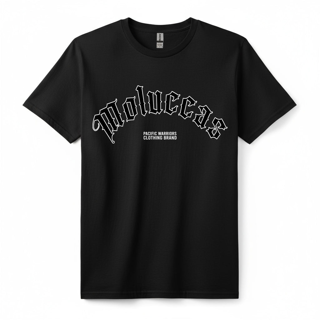 T-Shirt Moluccas | Black on Black | Old English Style | Pacific Warriors Clothing Brand