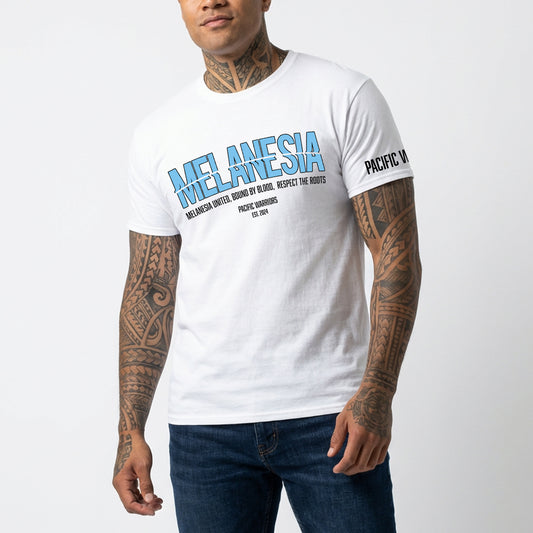 T-Shirt Melanesia | Light Blue on White | Pacific Warriors Clothing Brand