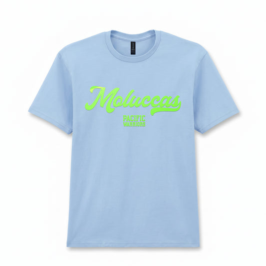 T-Shirt Moluccas Vintage | Special Edition | Neon Green Flock on Light Blue | Pacific Warriors Clothing Brand